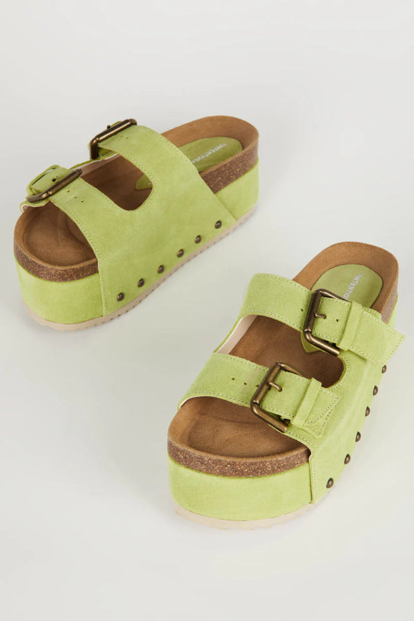 GREEN LEATHER PLATFORM SANDAL WITH BRASS STUDS ON THE OUTTER SIDE