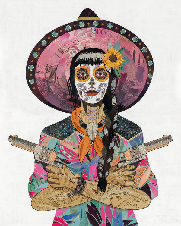 Day of the Dead/Día de los Muertos cowgirl with sugar skull makeup wearing a vibrant tropical pattern western shirt with skull bolo tie and bold hat.