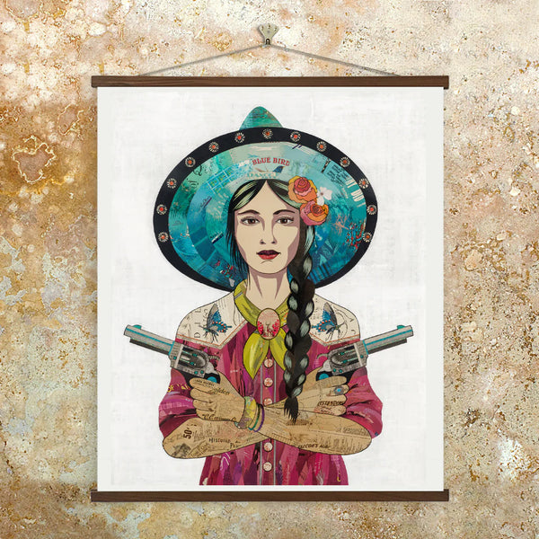 Archival reproduction of original Canyon Creek Angel paper collage artwork featuring a cowgirl wearing a raspberry western shirt with pipevine swallowtail butterfly shoulder detail and a vibrant turquoise hat.