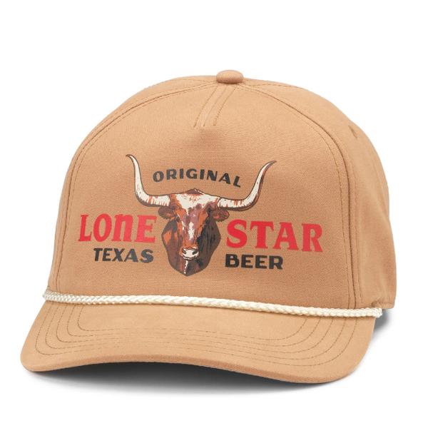 Canvas cap in a tan color with a longhorn on the front with script "Lone Star Texas Beer Original"