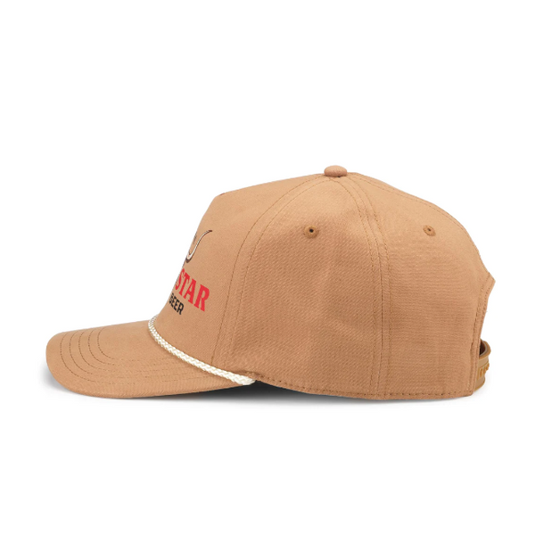 Canvas cap in a tan color with a longhorn on the front with script "Lone Star Texas Beer Original"