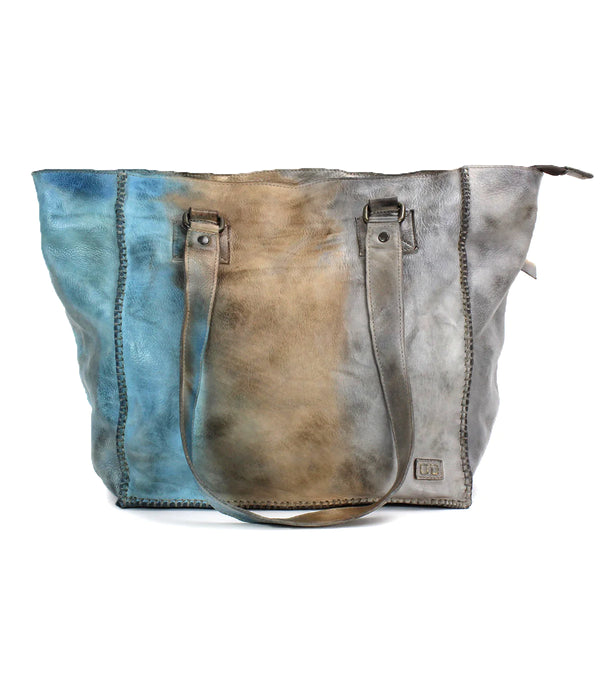 Large leather tote bag in a blue, tan and grey tie-dye 