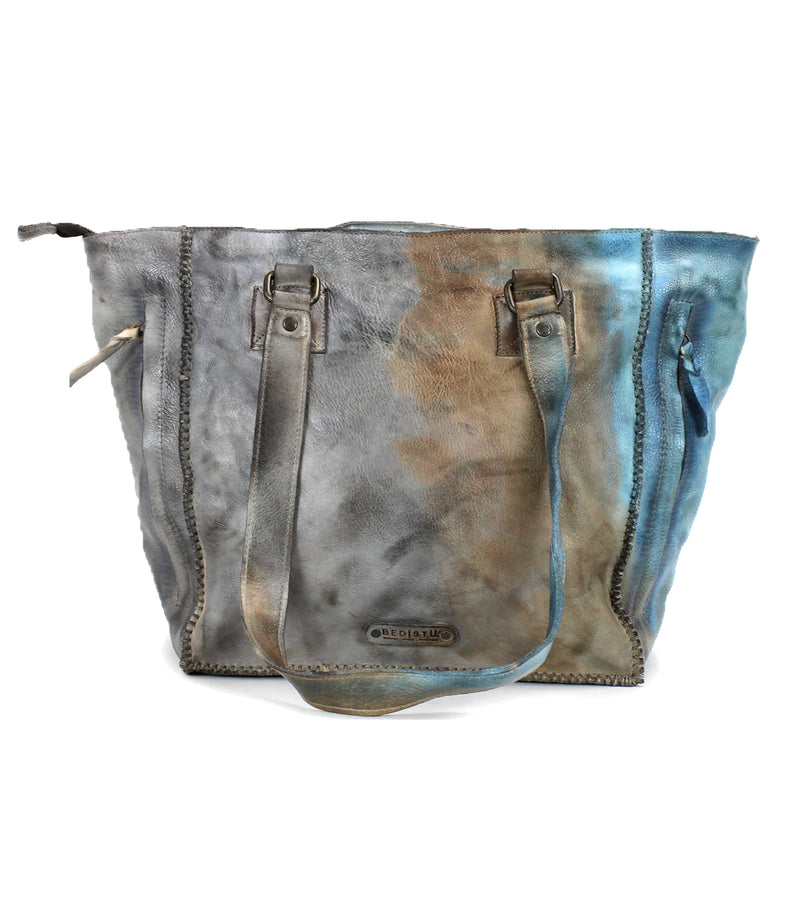 Large leather tote bag in a blue, tan and grey tie-dye