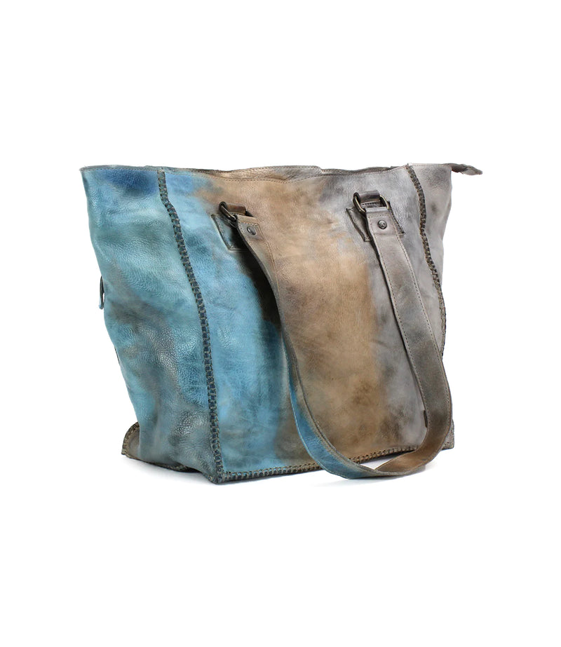 Large leather tote bag in a blue, tan and grey tie-dye