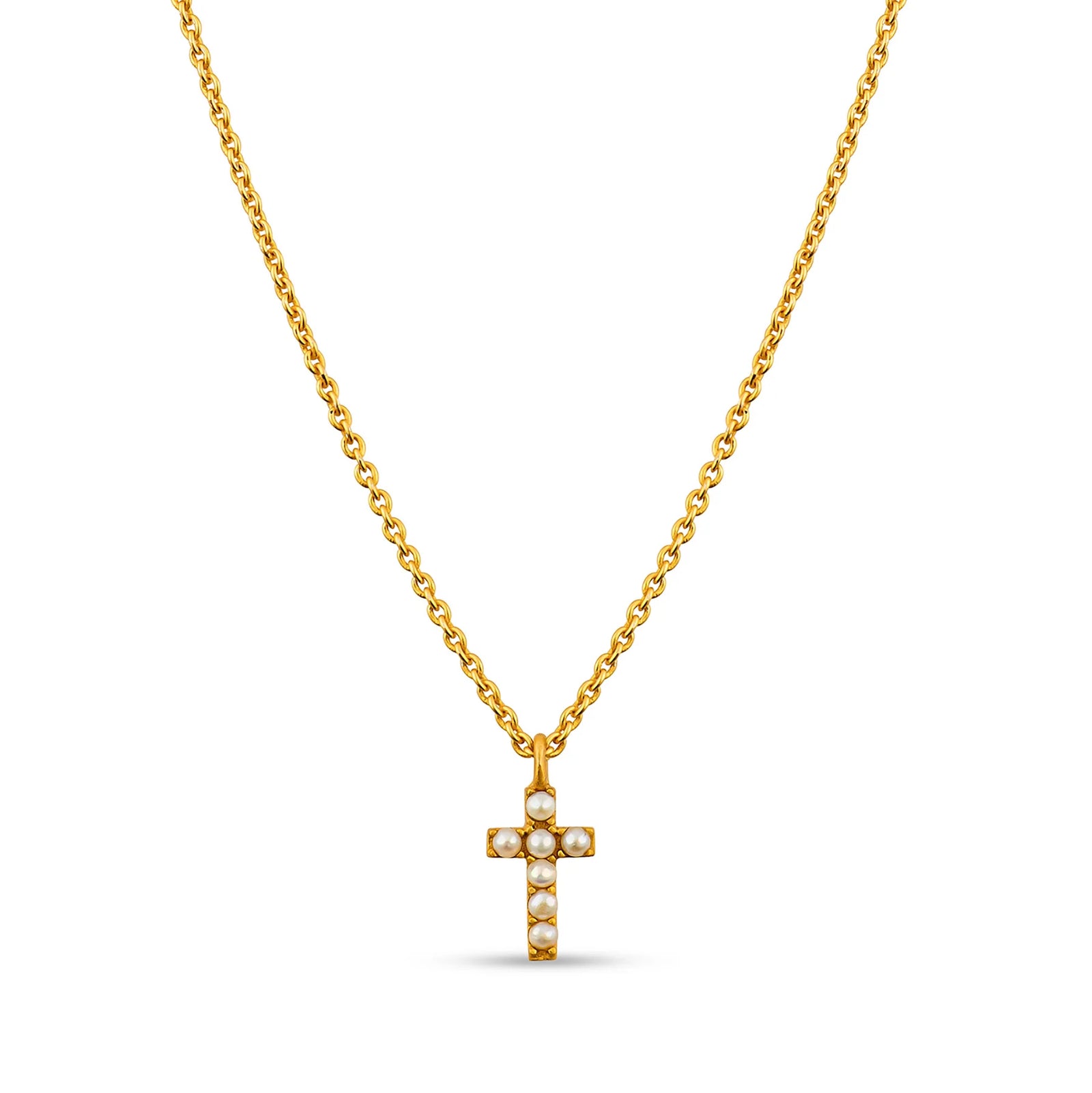 CHRISTINA GREENE Dainty Pearl Cross Necklace – Maverick Fine