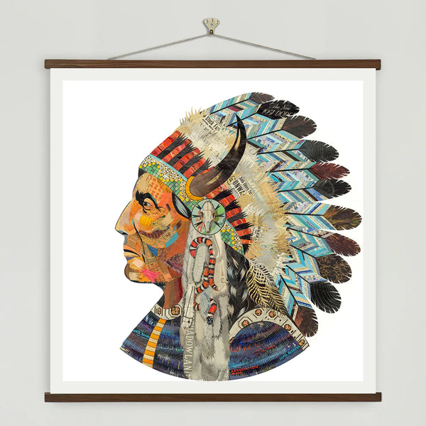 Limited edition art print series of the original Wisdom and Courage paper collage iconic portrait of a Native American shown in profile.