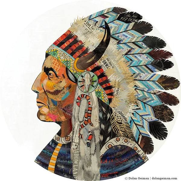 Limited edition art print series of the original Wisdom and Courage paper collage iconic portrait of a Native American shown in profile.