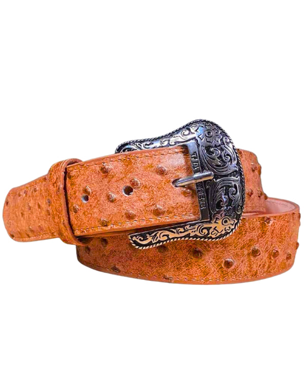 Brandy color belt comprised of ostrich leather and a western buckle that can be removed 