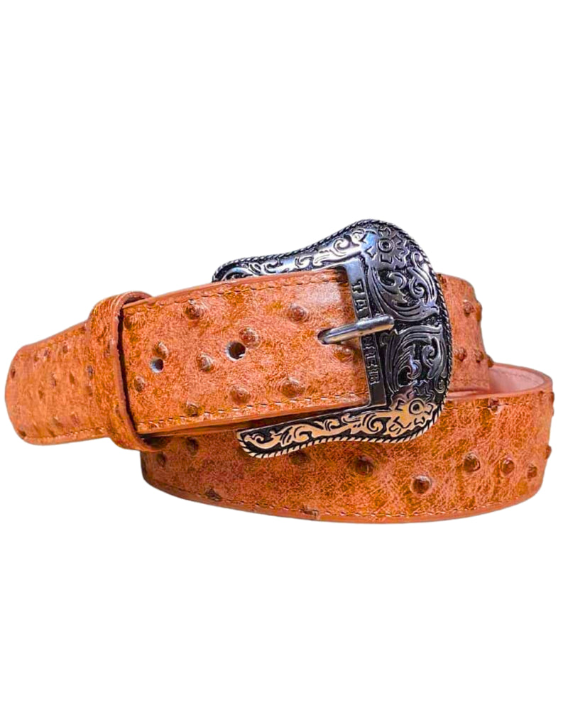 Brandy color belt comprised of ostrich leather and a western buckle that can be removed 