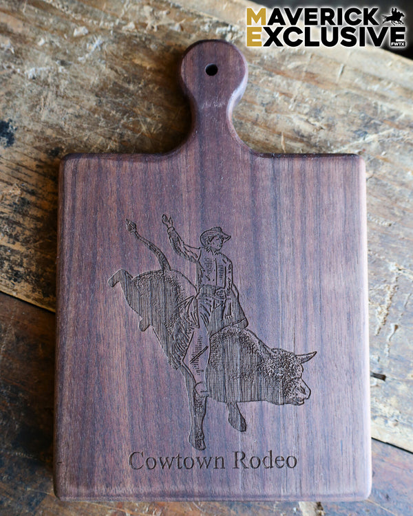 BULLRIDER COWTOWN RODEO 9X6 WALNUT BOARD