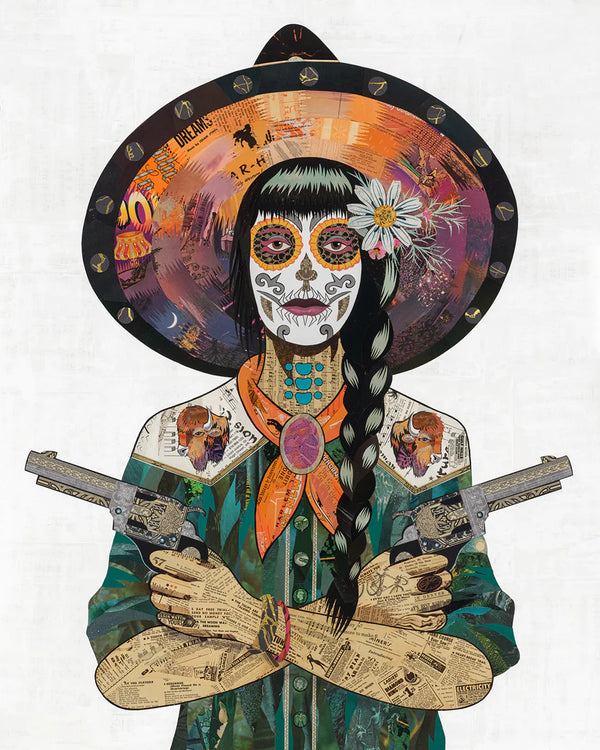 Archival reproduction of original Cosmic Bison paper collage artwork. Day of the Dead/Día de los Muertos cowgirl bedecked in an emerald western shirt with buffalo shoulder details, ornate jewelry and ombre hat.