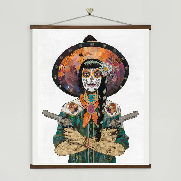 Archival reproduction of original Cosmic Bison paper collage artwork. Day of the Dead/Día de los Muertos cowgirl bedecked in an emerald western shirt with buffalo shoulder details, ornate jewelry and ombre hat.