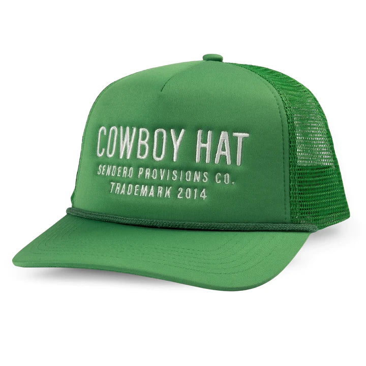 Green foam trucker hat with script "COWBOY HAT SENDERO PROVISIONS CO. TRADEMARK 2014" on front.