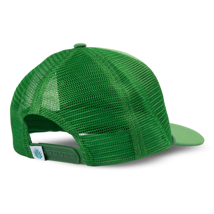 Green foam trucker hat with script "COWBOY HAT SENDERO PROVISIONS CO. TRADEMARK 2014" on front.