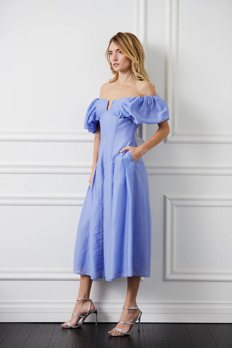 CIEBON Lottie Puff Sleeve Off the Shoulder Dress in Malibu Blue at Nordstrom, Size Medium