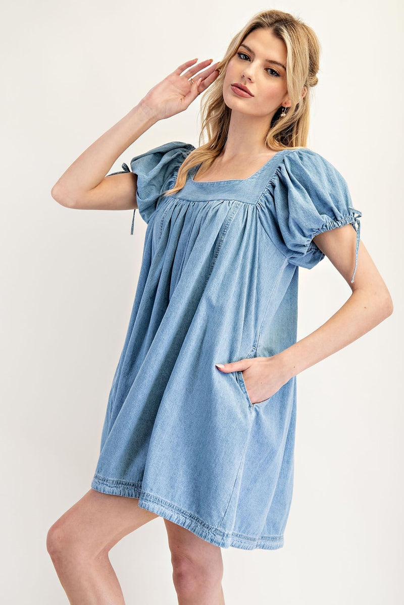 EESOME MINERAL WASH PUFF SLEEVE DRESS