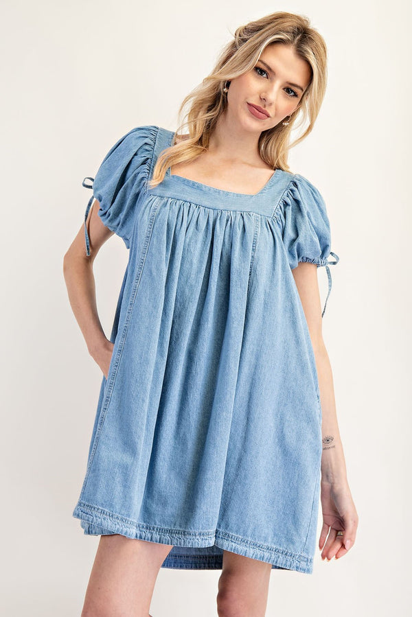 EESOME MINERAL WASH PUFF SLEEVE DRESS