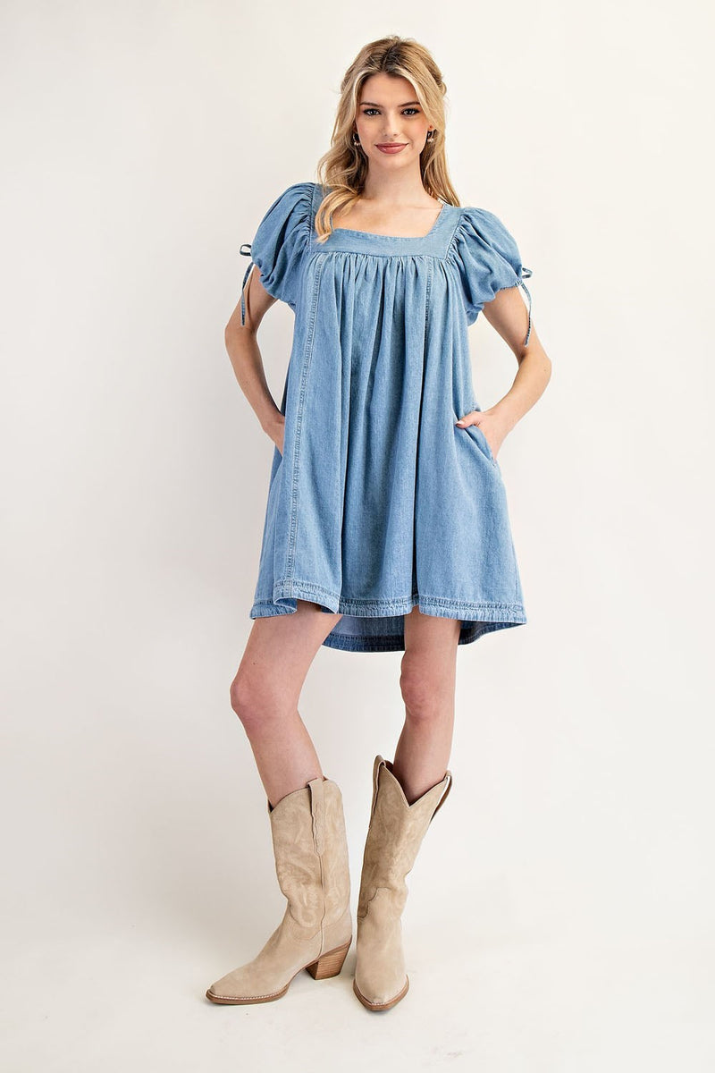 EESOME MINERAL WASH PUFF SLEEVE DRESS