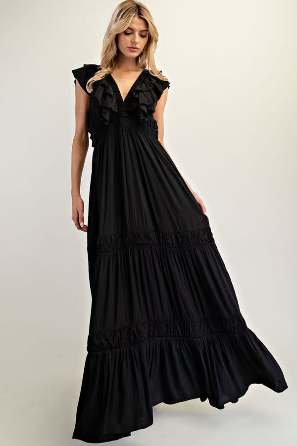 Eesome Ruffle Tier Maxi Black Dress
