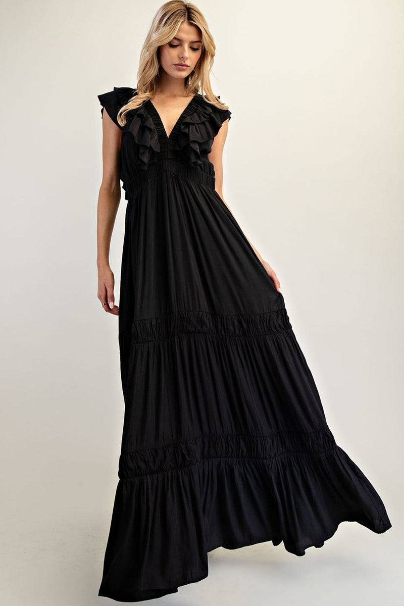 Eesome Ruffle Tier Maxi Black Dress