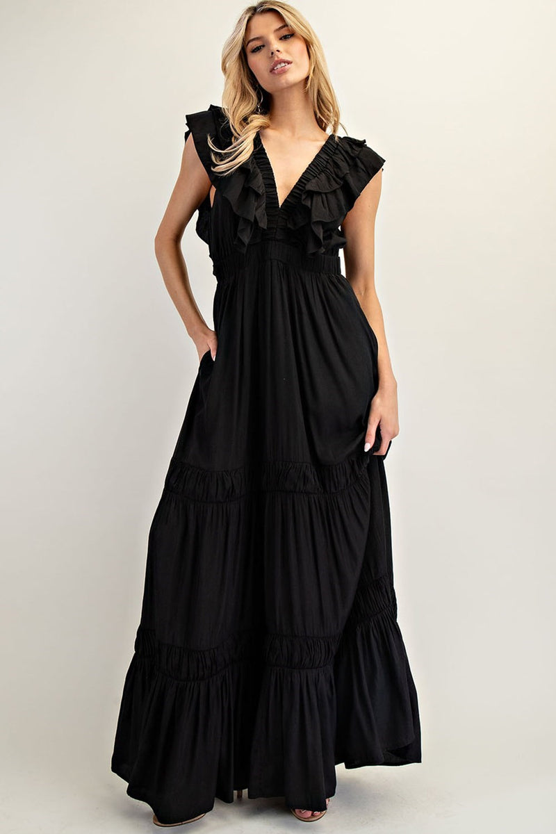 Eesome Ruffle Tier Maxi Black Dress
