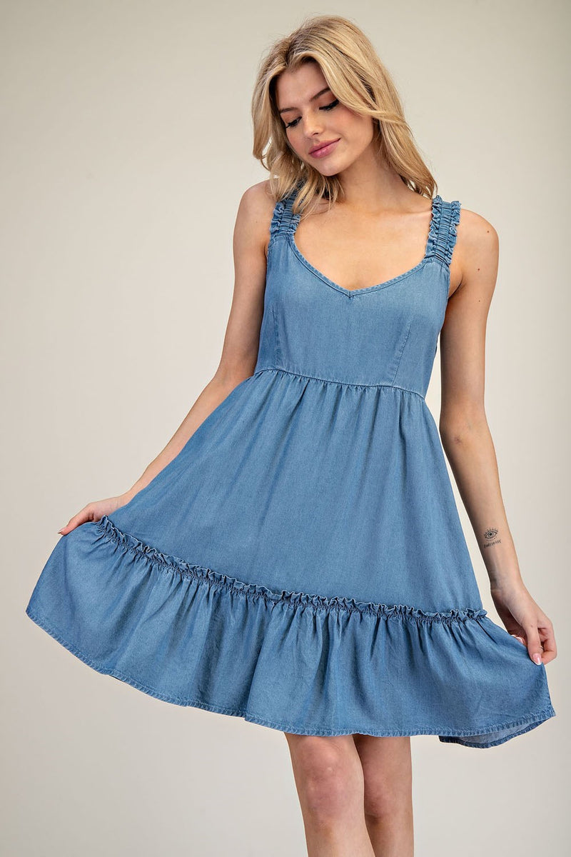 Eesome Denim Tiered Mini Dress 
