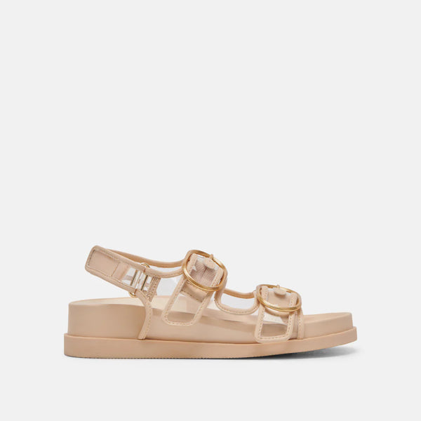 Nude color sandal with clear vinyl top and gold hardware 