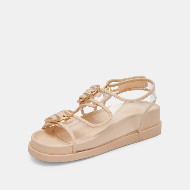 Nude color sandal with clear vinyl top and gold hardware