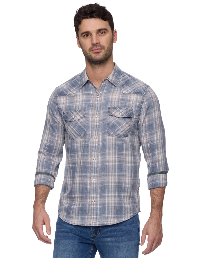 Man wearing a blue plaid shirt on a white background