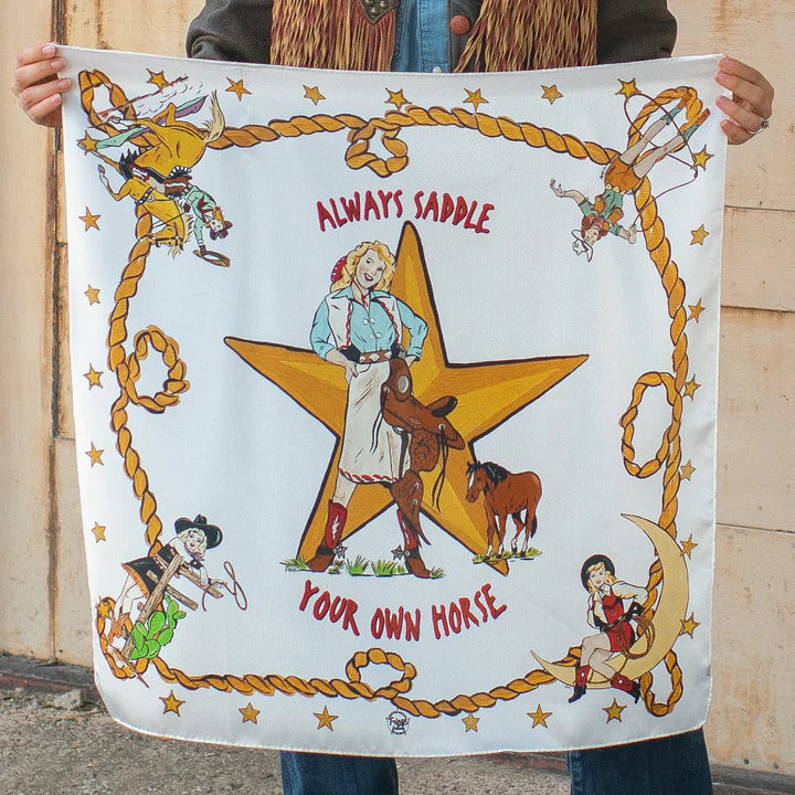Vintage inspired graphic of a woman holding a saddle with words "always saddle your own horse" on a wild rag