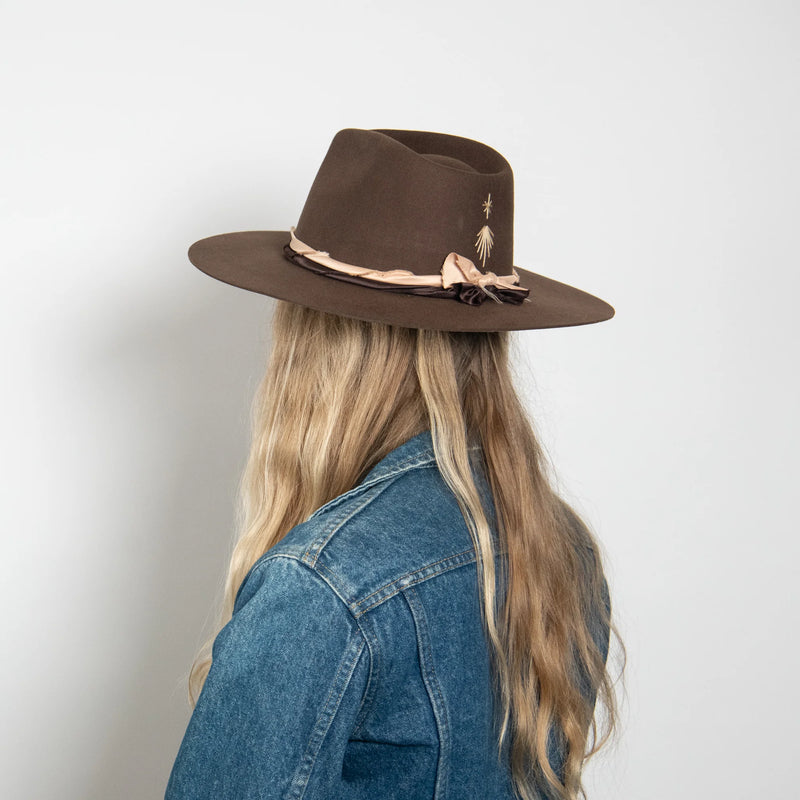 Person wearing a brown hat with a decorative band on a plain background