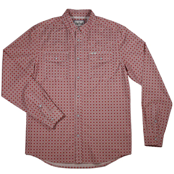 Long sleeve button up shirt with western pattern throughout in a red color