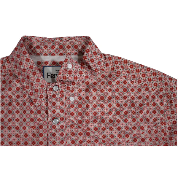 Long sleeve button up shirt with western pattern throughout in a red color