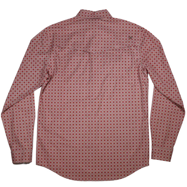Long sleeve button up shirt with western pattern throughout in a red color