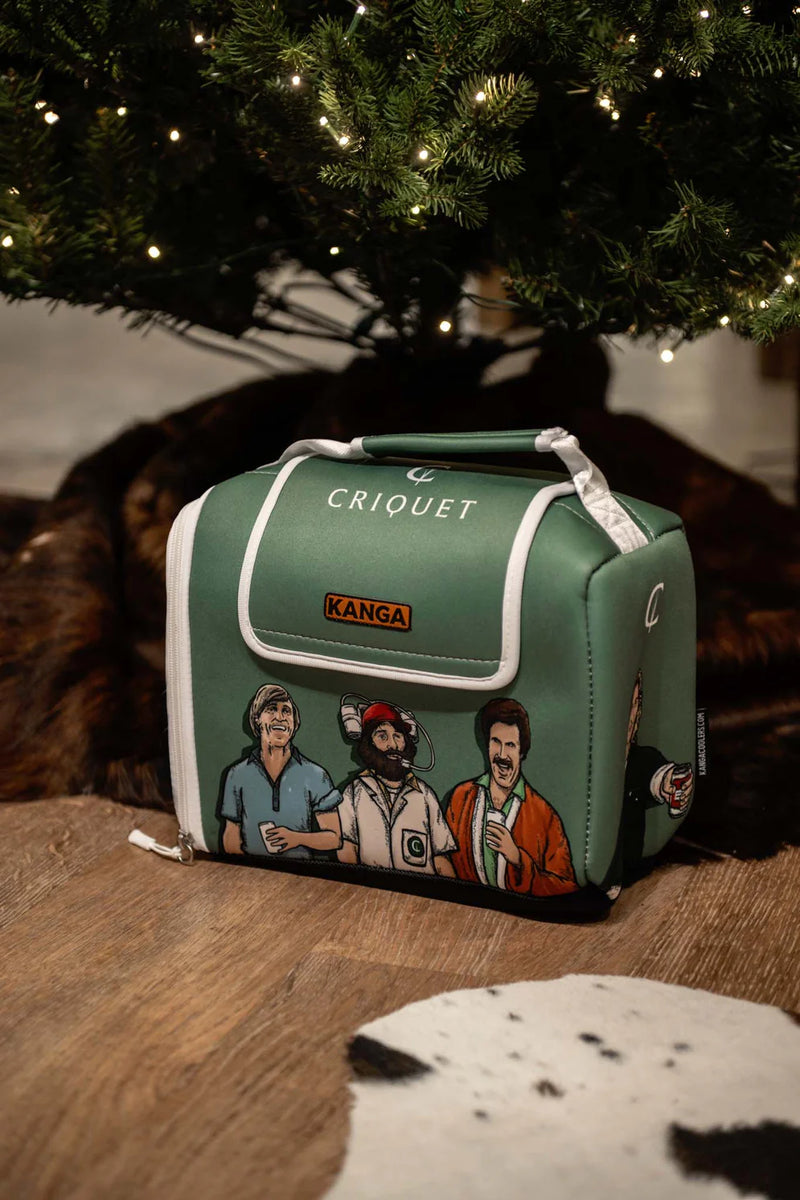 Green lunch bag with cartoon characters under a decorated Christmas tree