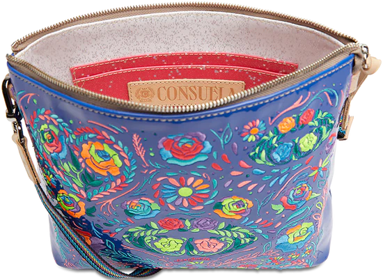Blue crossbody bag with rainbow floral embroidery all over the front with rainbow strap
