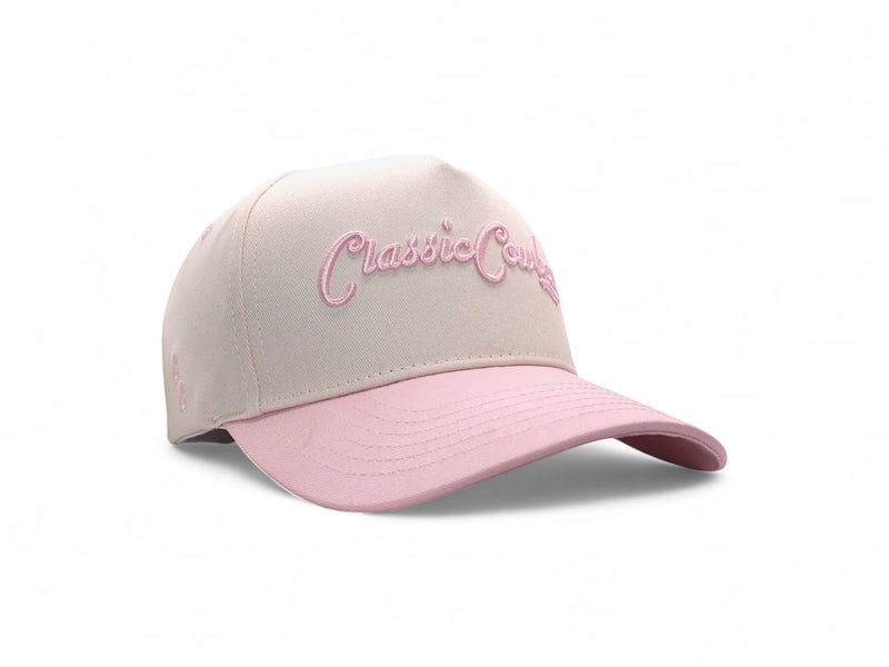 Pink and beige baseball cap with 'Classic Country' text on a white background