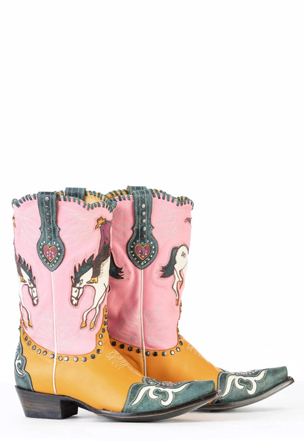 PINK SHAFT, ORANGE FOOTBED, AND BLUE TOE BOOTS WITH GRAPHIC OF COWBOY RIDING BRONC ON FRONT AND BACK OF SHAFT