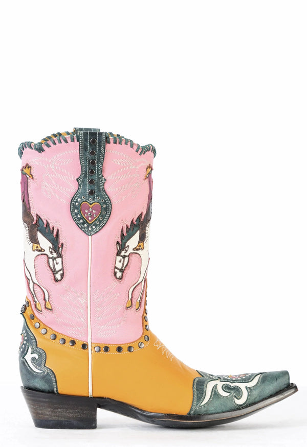 PINK SHAFT, ORANGE FOOTBED, AND BLUE TOE BOOTS WITH GRAPHIC OF COWBOY RIDING BRONC ON FRONT AND BACK OF SHAFT