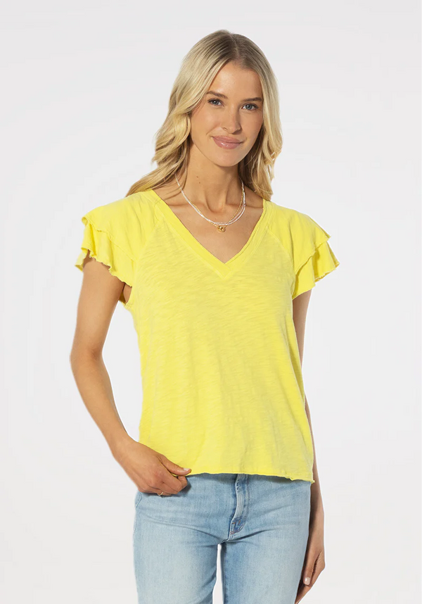 Woman wearing yellow top with ruffle sleeves