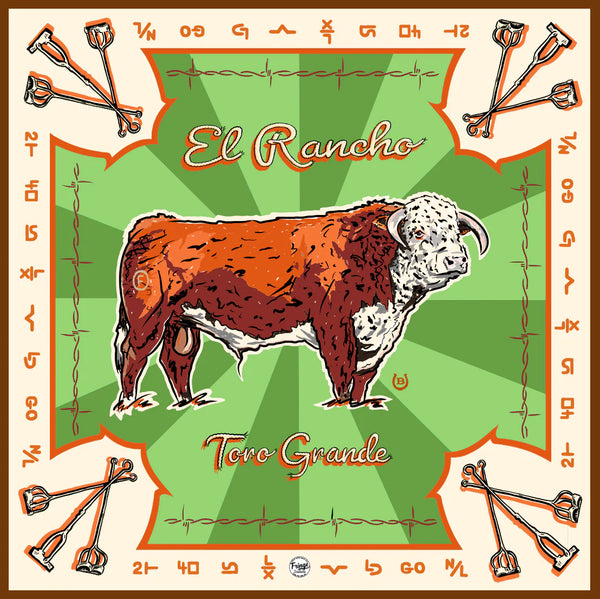 Decorative design with a bull illustration and 'El Rancho' text on a green background.