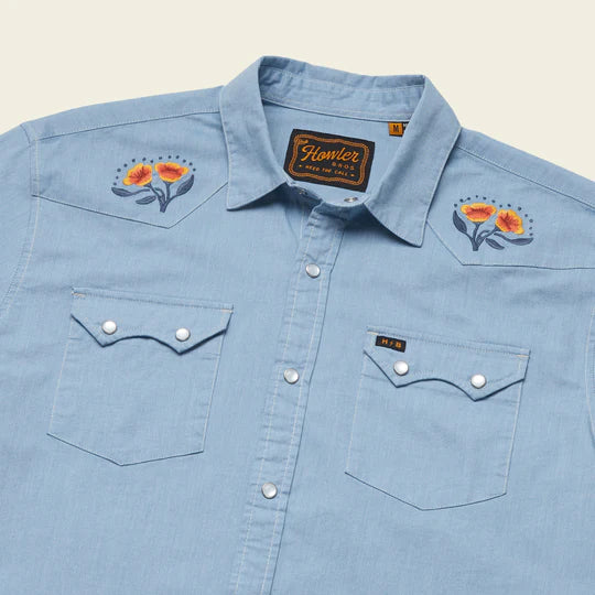 DENIM BUTTON SHIRT WITH EMBROIDERED FLOWERS ON EITHER SHOULDER 