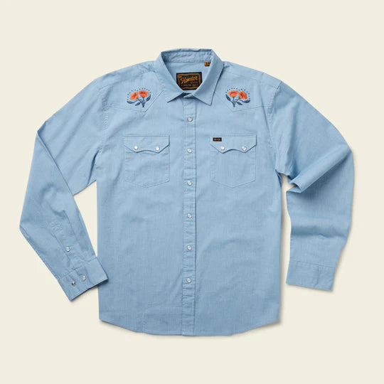 DENIM BUTTON SHIRT WITH EMBROIDERED FLOWERS ON EITHER SHOULDER 