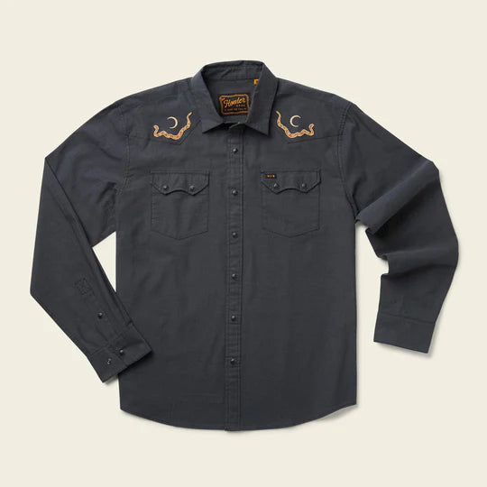DARK GREY SNAP BUTTON SHIRT WITH A SNAKE AND A MOON ON EITHER SHOULDER