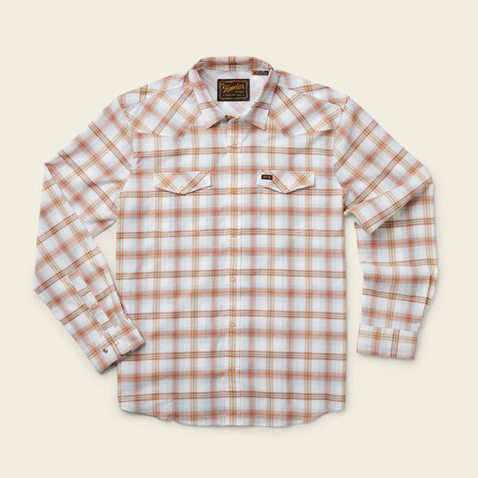 A lightweight stretch nylon-poly fabric, vented rear yoke and ring snaps, orange and white plaid shirt 