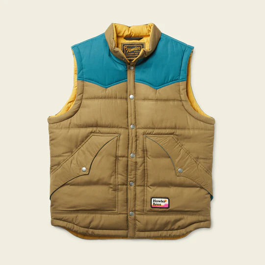 BLUE AND TAN BUBBLE VEST WITH WESTERN YOKE AND BUTTON POCKETS