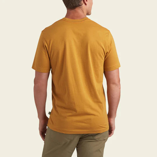 Short sleeve yellow graphic tee with scene of the desert with Howler Bros logo on the front