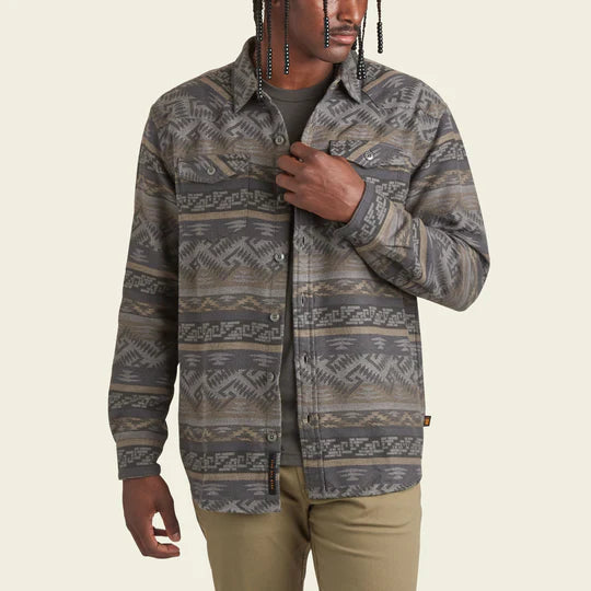 MAN WEARING GREY AND TAN AZTEC BUTTON DOWN