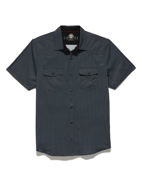 Dark gray short-sleeve button-up shirt on a white background