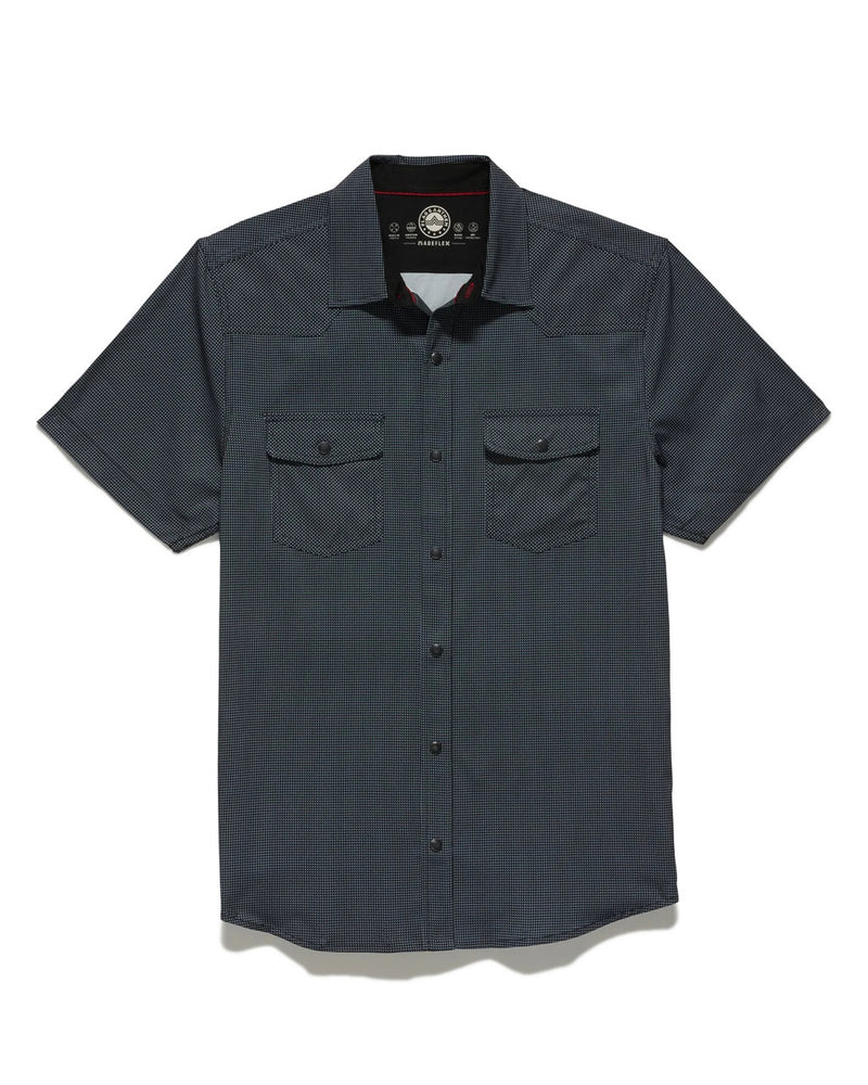 Dark gray short-sleeve button-up shirt on a white background